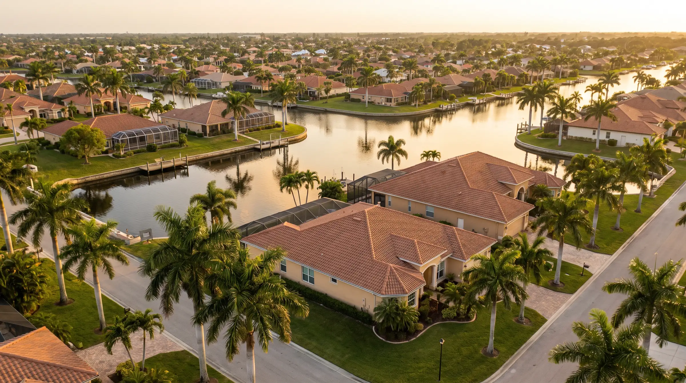 Aerial view of a Fort Myers residential neighbourhood beside a canal