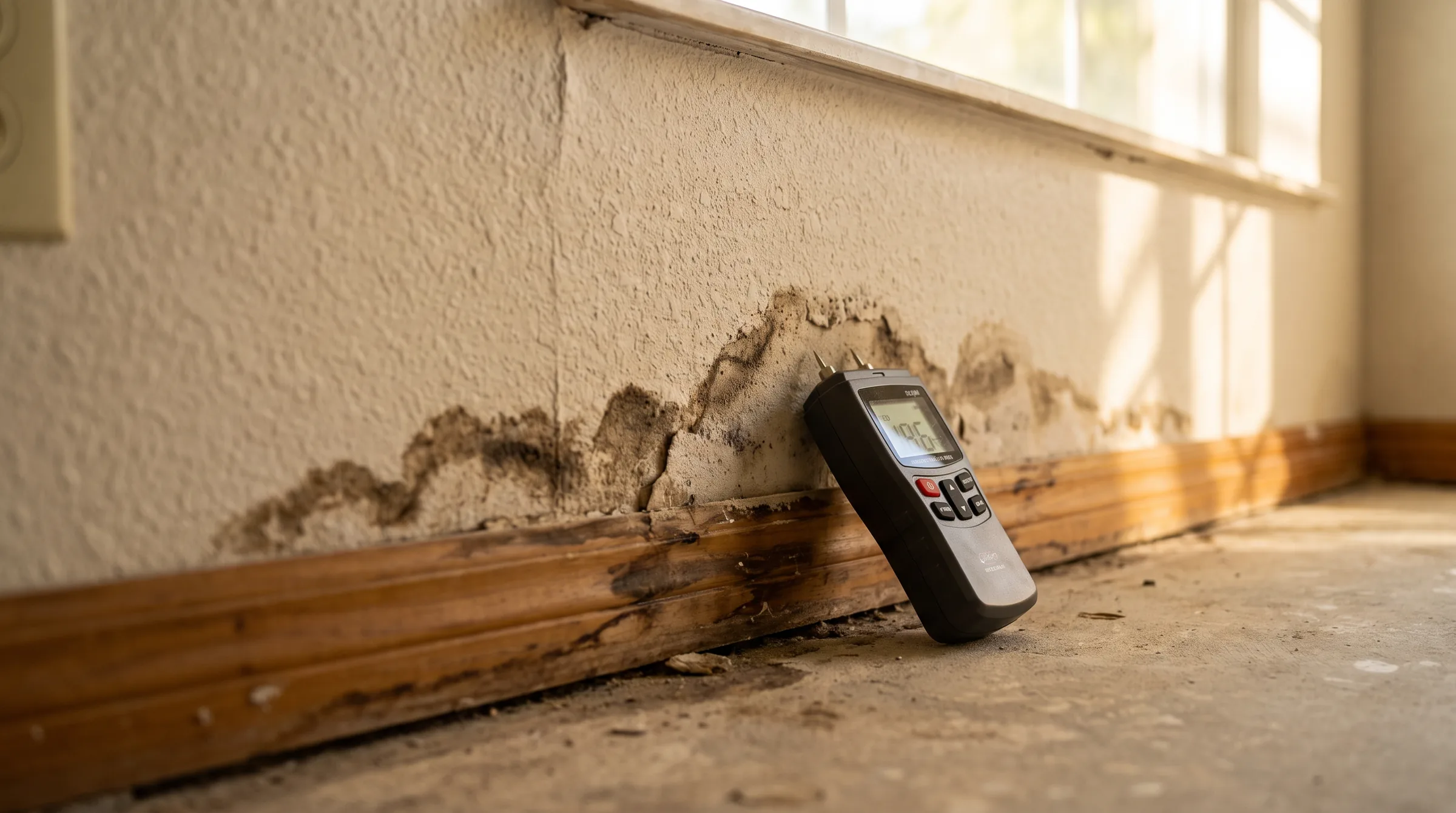 Moisture meter reading elevated damp in drywall behind a removed baseboard