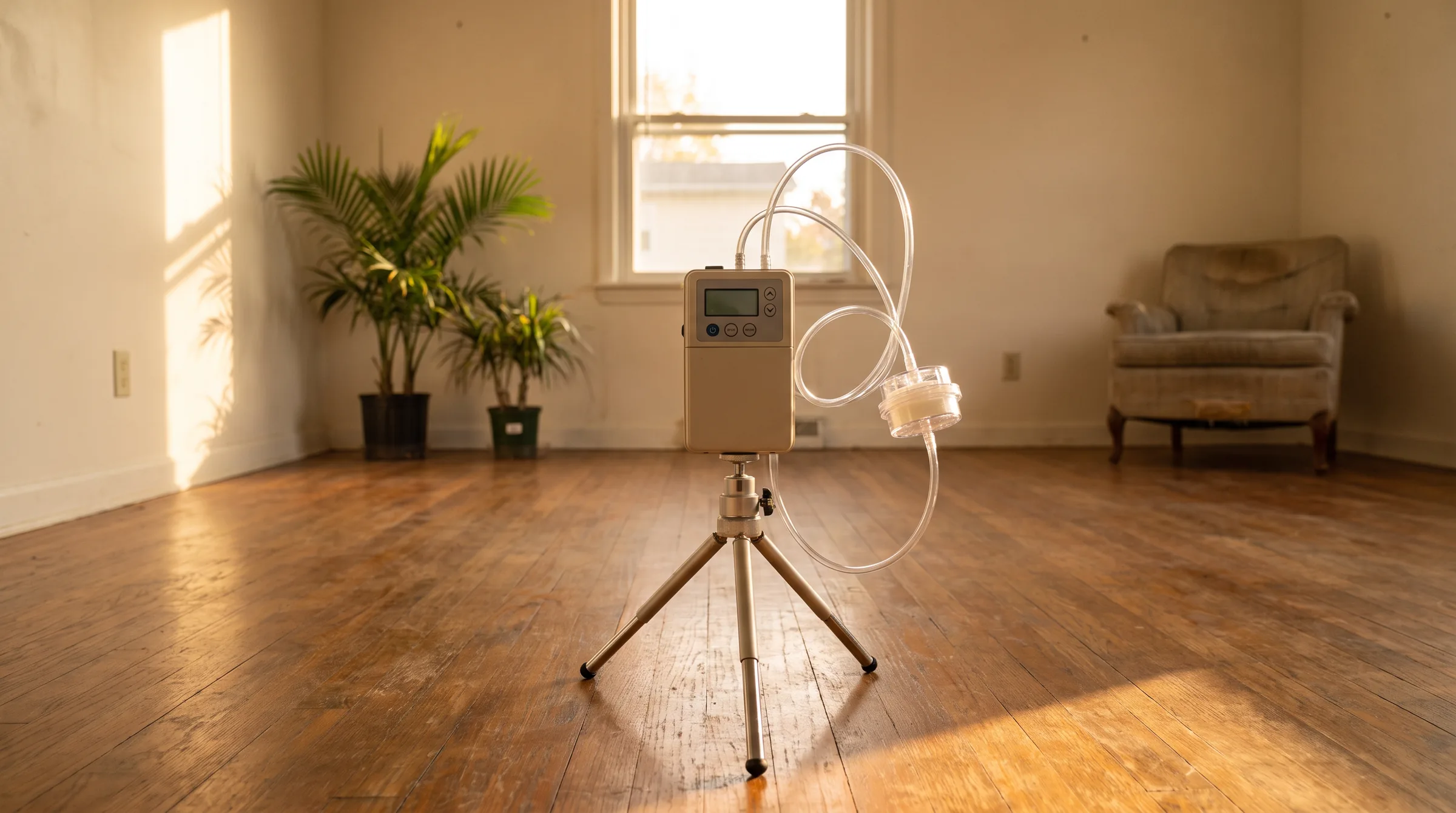 Air sampling pump on a tripod collecting a spore sample in a living room