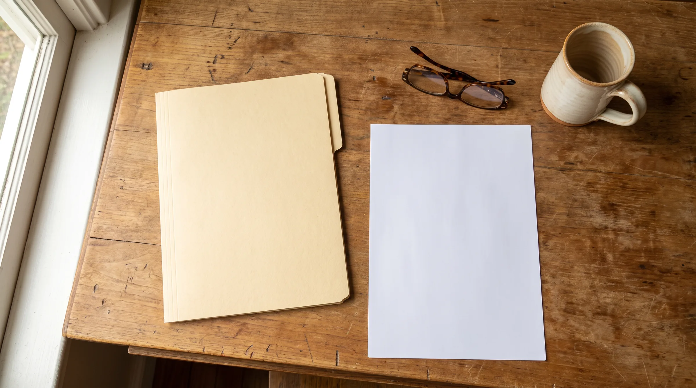 Closed inspection report folder and blank paper on a desk beside reading glasses