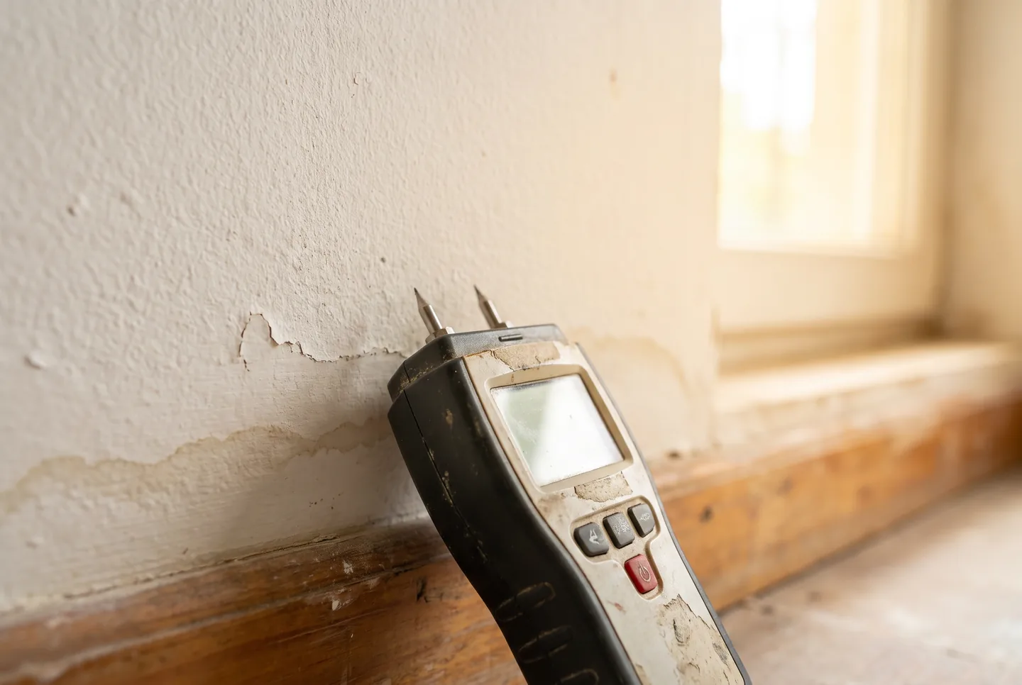Moisture meter resting against a damp interior wall in a Fort Myers home