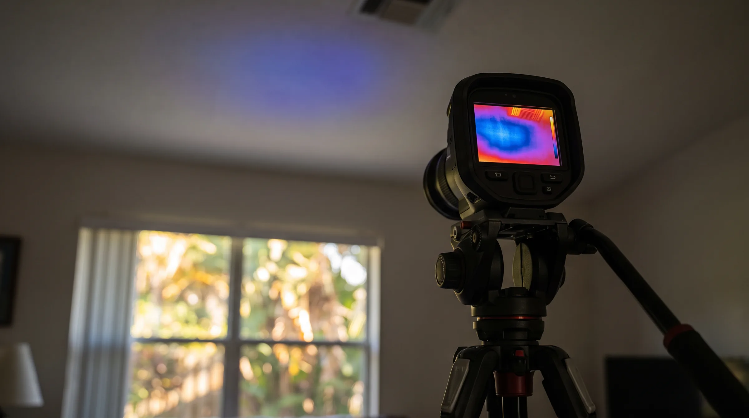 Thermal imaging camera screen showing a cool damp patch on a ceiling